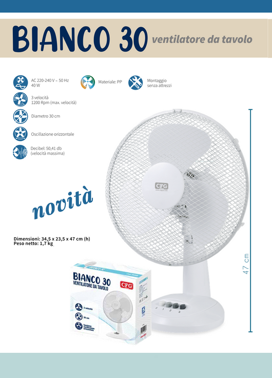 CFG ventilatore da tavolo Bianco 30 Tavolo EV109 30 Cm 40 W silenzioso 1200Rpm montaggio senza attrezzi