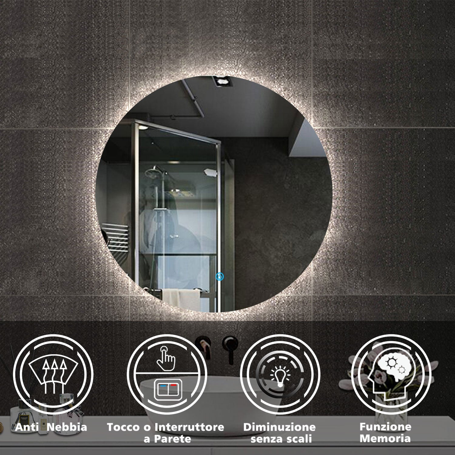 Aica Specchio da bagno a LED + Diametro 100cm + Disappannamento + Funzione Memoria + Estetica Elegante