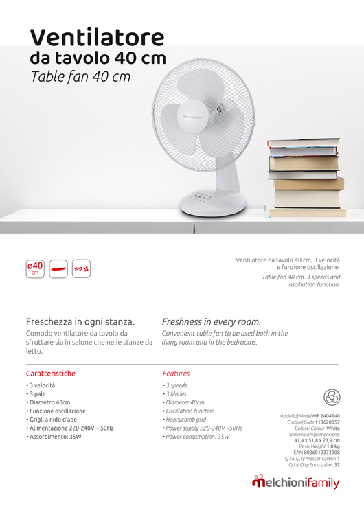 Melchioni Family Ventilatore da tavolo 40 cm 3 velocità MF 2404T40 oscillazione Bianco
