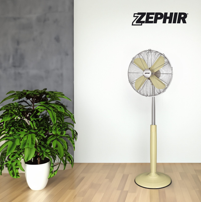Zephir, Ventilatore a Pavimento, Ventilatore in Metallo, Colore Crema, Diametro 40 cm, 3 Velocità, 4 Pale, Inclinazione regolabile, Oscillante, Griglia di Sicurezza, Regolabile in Altezza