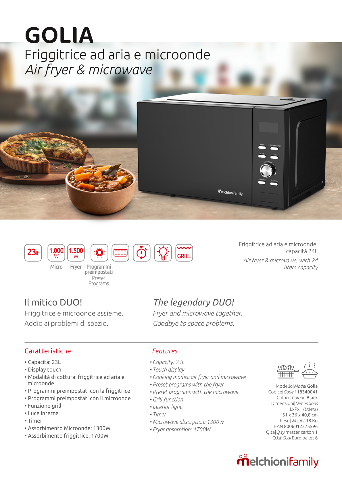 Melchioni Family GOLIA Friggitrice ad Aria e Microonde 2 in 1 con Grill 23L Display Touch Timer Luce Interna Programmi Preimpostati Cottura Rapida e Salutare