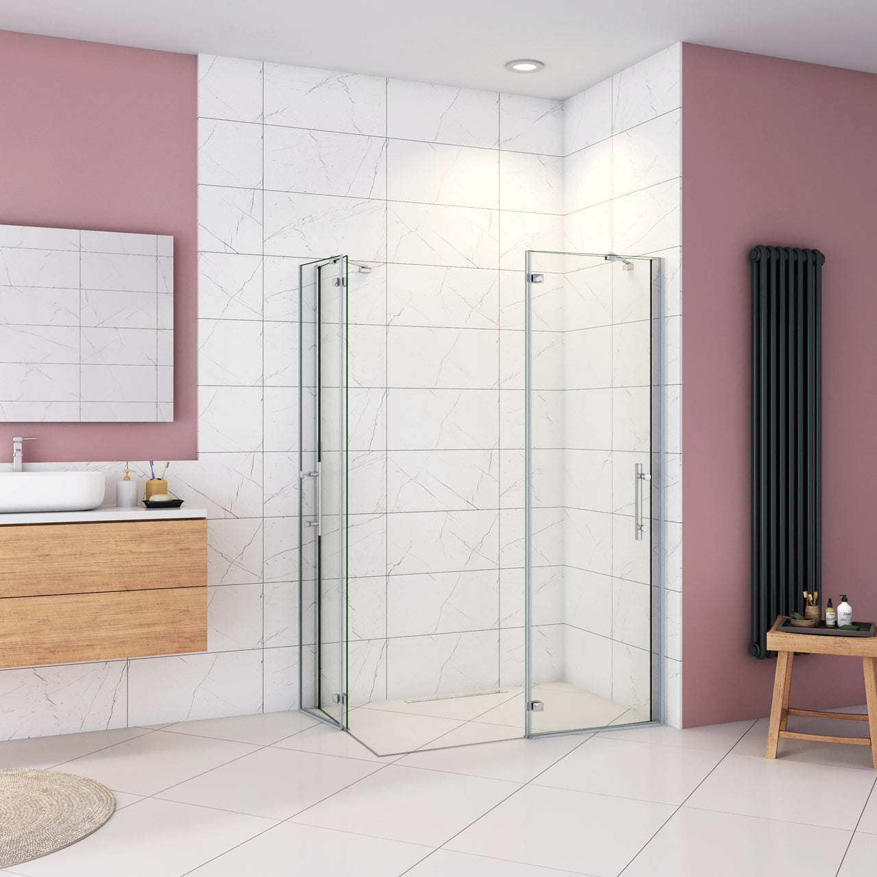 100x76x195 cm Box Doccia Ad Angolo Doppie Porte Apertura Battente in Vetro 6 mm Temperato Anticalcare Trasparente con 2 Barre Stabilizzatrici Cromo Lucido