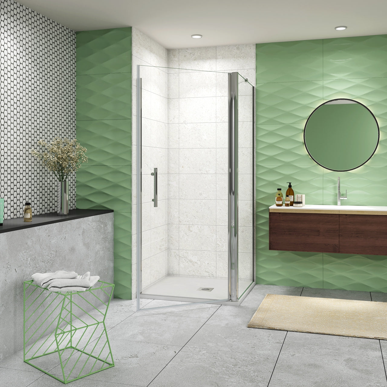 H.195 cm Box Doccia Angolare Porta Battente 76 cm Parete Fissa 80 cm Vetro 6mm Anticalcare Barra da 45 cm Cromo Lucido