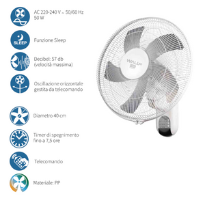 CFG WALL 40 EV108 VENTILATORE A PARETE CON TELECOMANDO FUNZIONE SLEEP OSCILLAZIONE Ø40 CM
