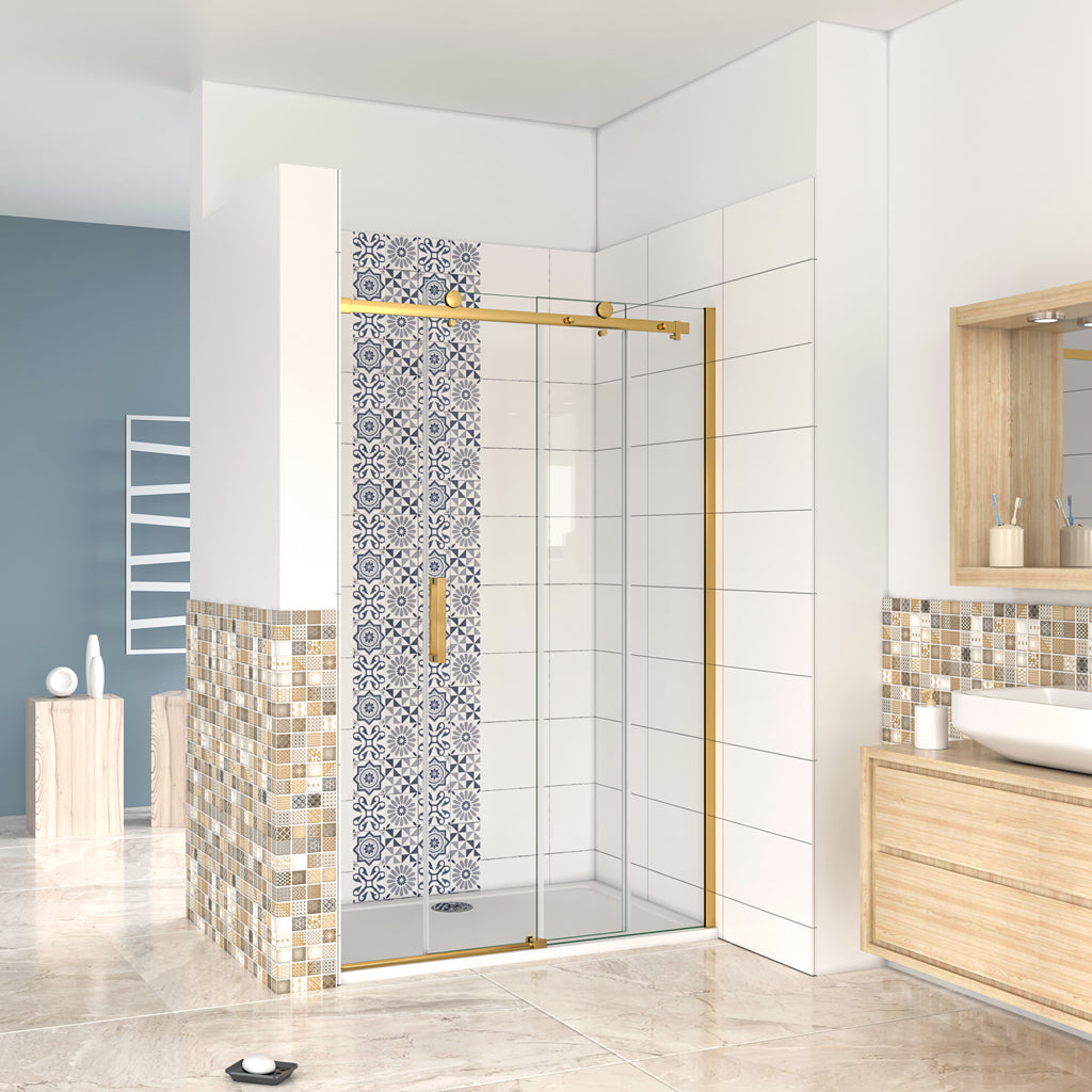 Box Doccia Per Nicchia Porta Scorrevole Ingresso Laterale in Vetro 8 mm Temperato Trasparente Anticalcare Telaio Cromato Lucido Finitura Oro 140x195 cm