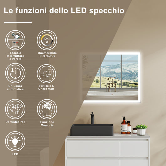 Aica LED Specchio da bagno 80¡Á60 cm, luminosit¨¤ regolabile a 3 colori, antiappannamento, memoria di interruzione di corrente