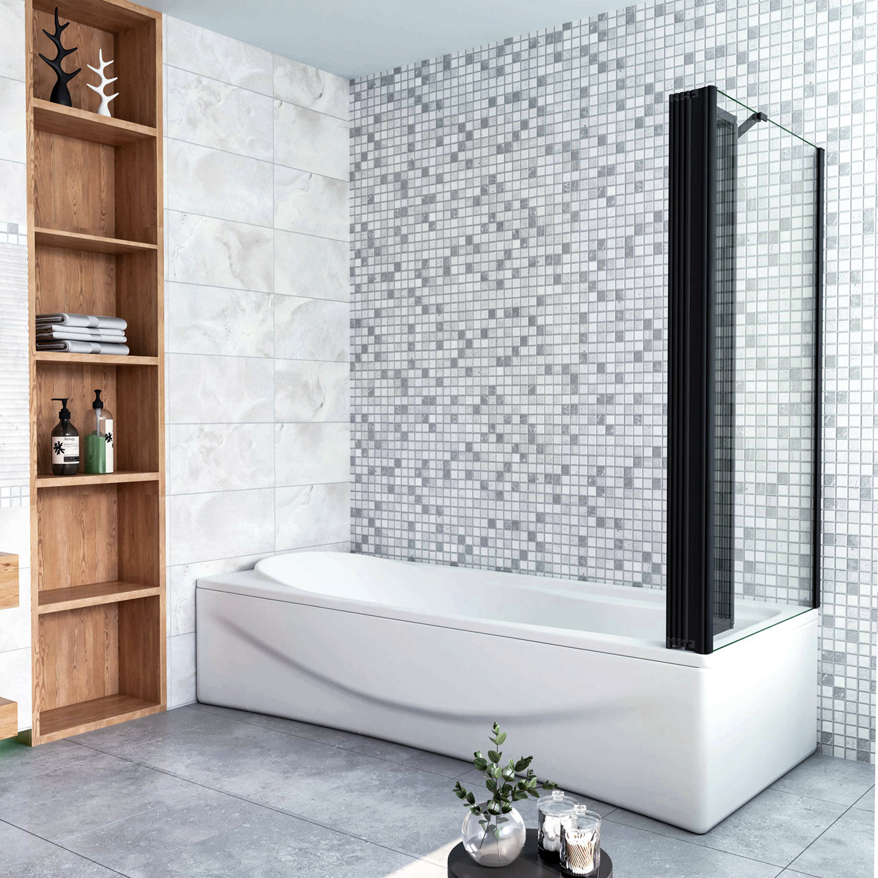 Parete Vasca Doccia 90x75cm Sopravasca Angolare 4 Ante Pieghevoli Vetro Temperato Trasparente da 4 mm con Parete Laterale da 6 mm H.140cm Telai Neri Opachi