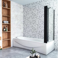 Parete Vasca Doccia 90x75cm Sopravasca Angolare 4 Ante Pieghevoli Vetro Temperato Trasparente da 4 mm con Parete Laterale da 6 mm H.140cm Telai Neri Opachi