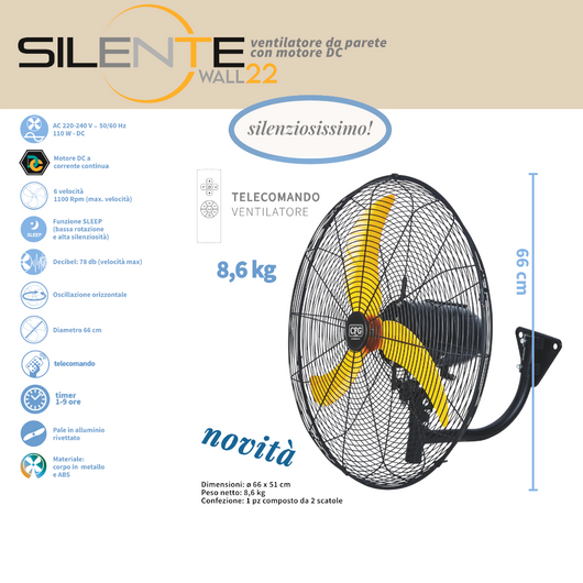 CFG ventilatore da parete muro Silente Wall 26 cotere dc da 110W diametro 60cm timer telecomando testa reclinabile silenzioso oscillante funzione SLEEP