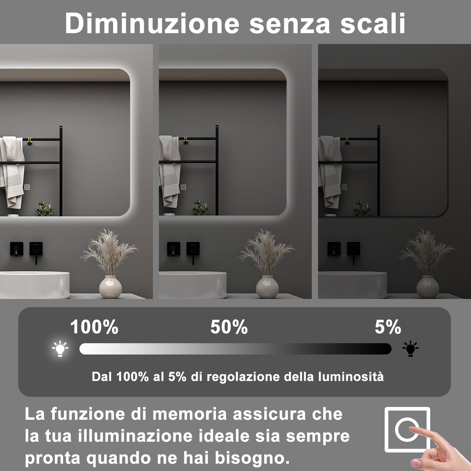 AICA Specchio da bagno 100 x 60 cm, dimmerabile, interruttore touch, Funzione Memoria