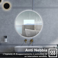 Specchio da bagno Rotondo con 60cm,3 colori,Memoria, Antifog,Regorabile,Retroilluminato,doppio interruttore,