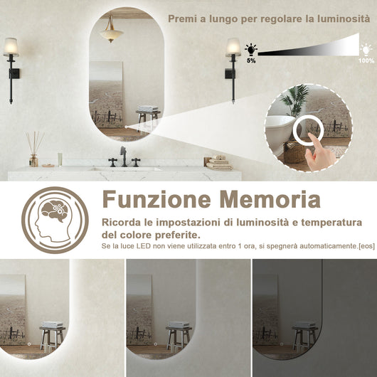 Specchio bagno ovale 45x75 cm con led. Dimmerabile + Touch Control + Bordo non sabbiato + IP44