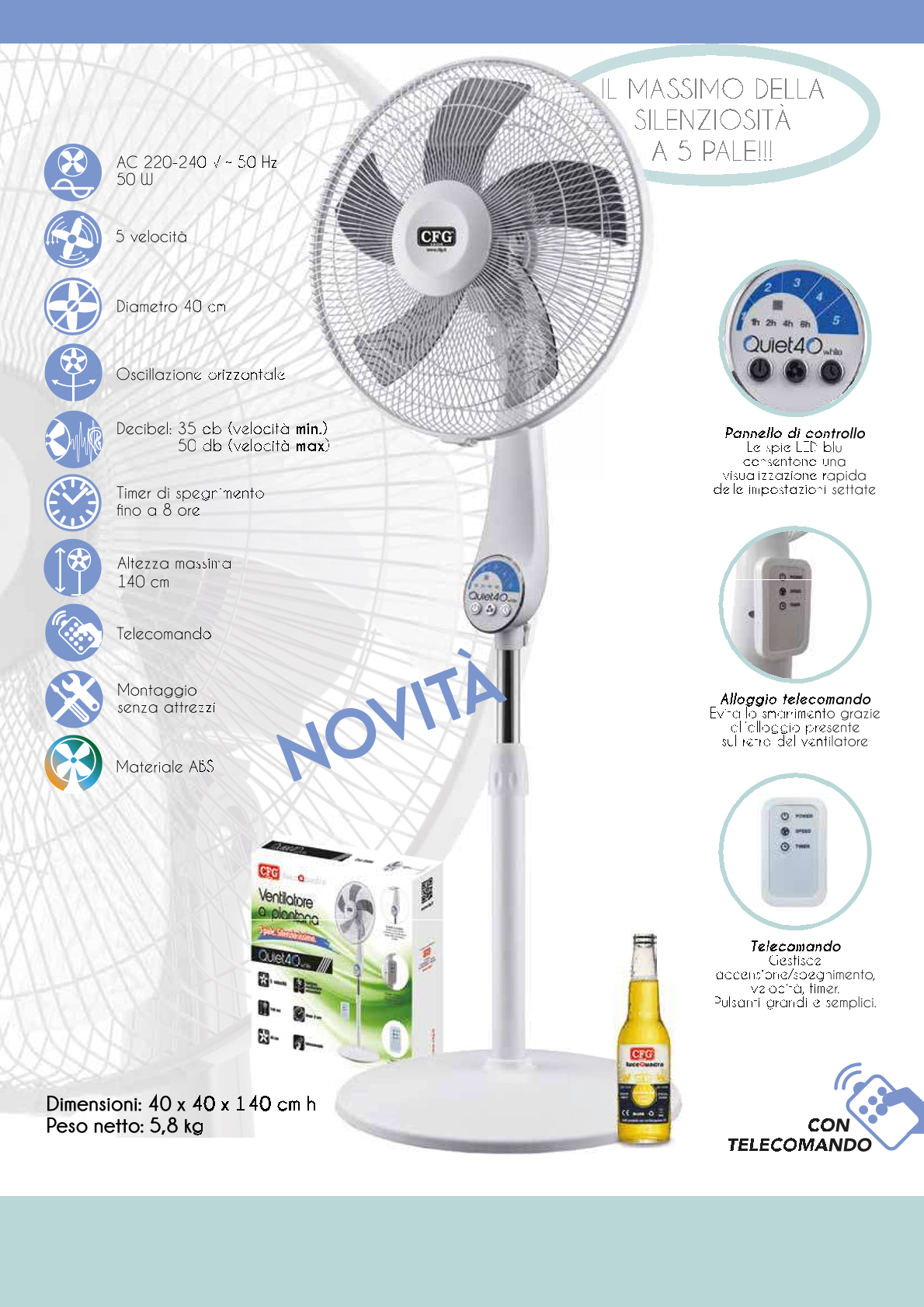 CFG EV094 QUIET 40 WHITE Ventilatore a piantana 5 pale con telecomando