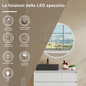 AICA SPECCHIO DA BAGNO ROTONDO CON LED 90 x 90 cm, antiappannamento, interruttore a sfioramento(Retroilluminato)