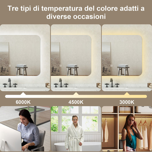 Specchio bagno Rettangolare 100x80cm Retroilluminato Con Led, 3 Luci, Design Moderno