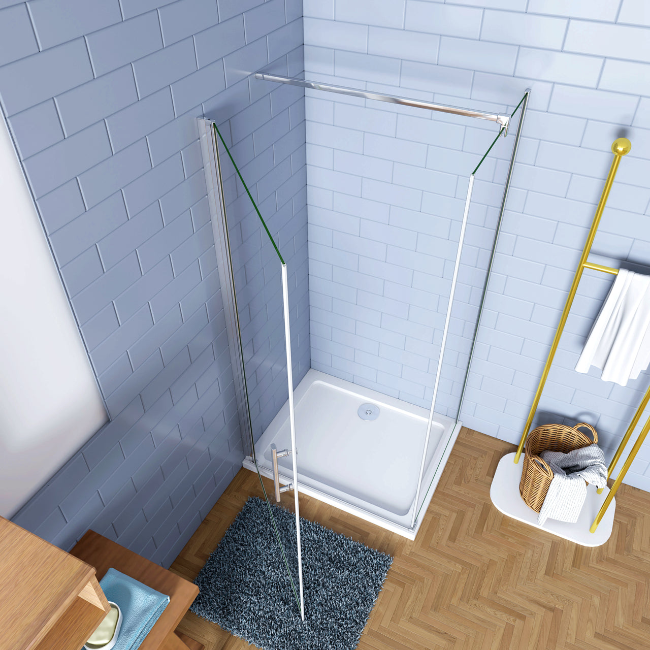 H.195cm Box Doccia Angolare Porta Battente con Lato Fisso 90x90cm Vetro Temperato 6mm Anticalcare Barra da 90 cm