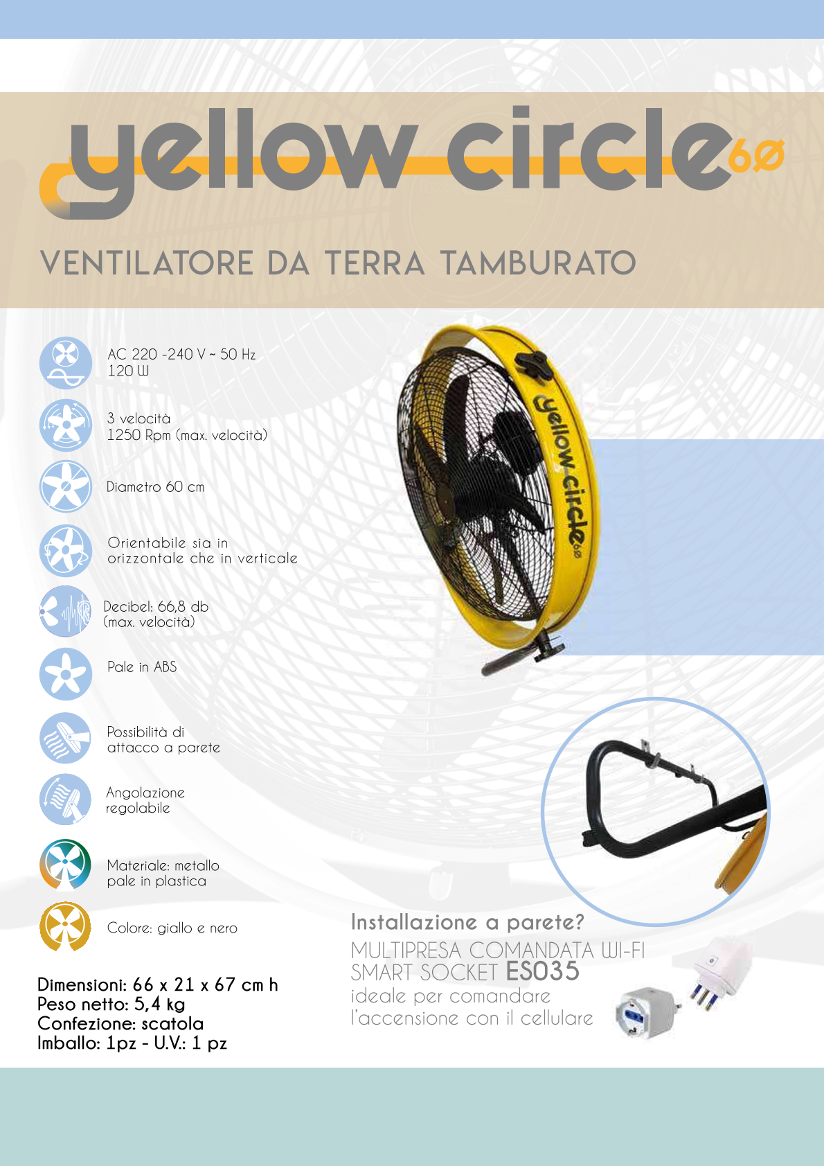 CFG Ventialatore da terra e da parete diametro 60 cm 5 pale in ABS 3 velocità oscillazione 220v 120 Watt Colore: Nero e Giallo