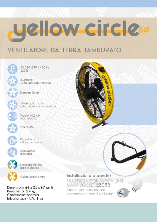 CFG Ventialatore da terra e da parete diametro 60 cm 5 pale in ABS 3 velocità oscillazione 220v 120 Watt Colore: Nero e Giallo