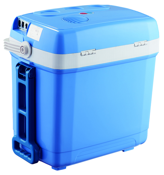 Melchioni Family Frigo Portatile Elettrico Modello CONSERVO30 con Capacità 27 litri, Interruttore Caldo-Freddo e Cavi Inclusi, con Ruote e Doppia Maniglia, Classe F, Colore Azzurro