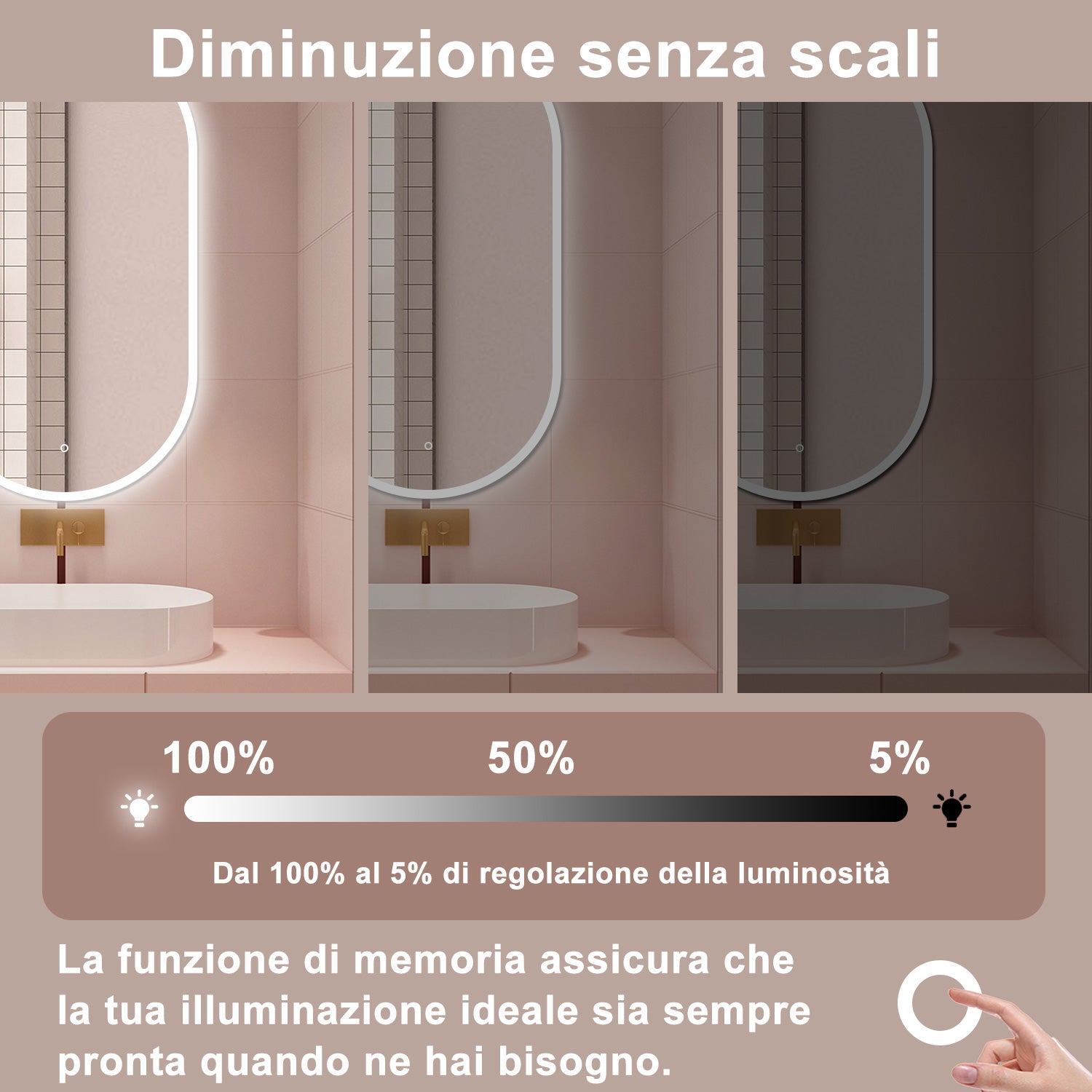 AICA Specchio da bagno 50 x 90 cm, dimmerabile£¬interruttore touch£¬ Funzione Memoria, antiappannamento