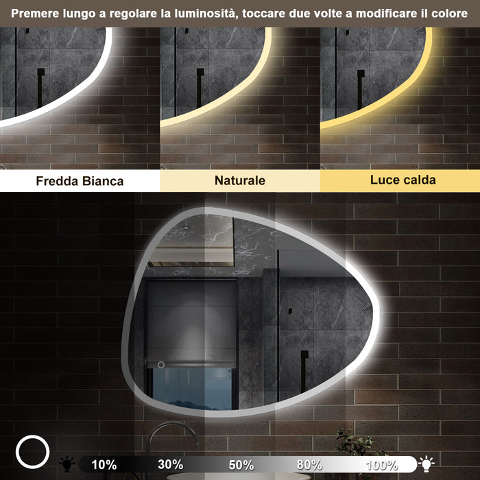specchio forma irregolare 80x65 cm retroilluminato con luce a 3 colori, touch e pellicola antideflagrante