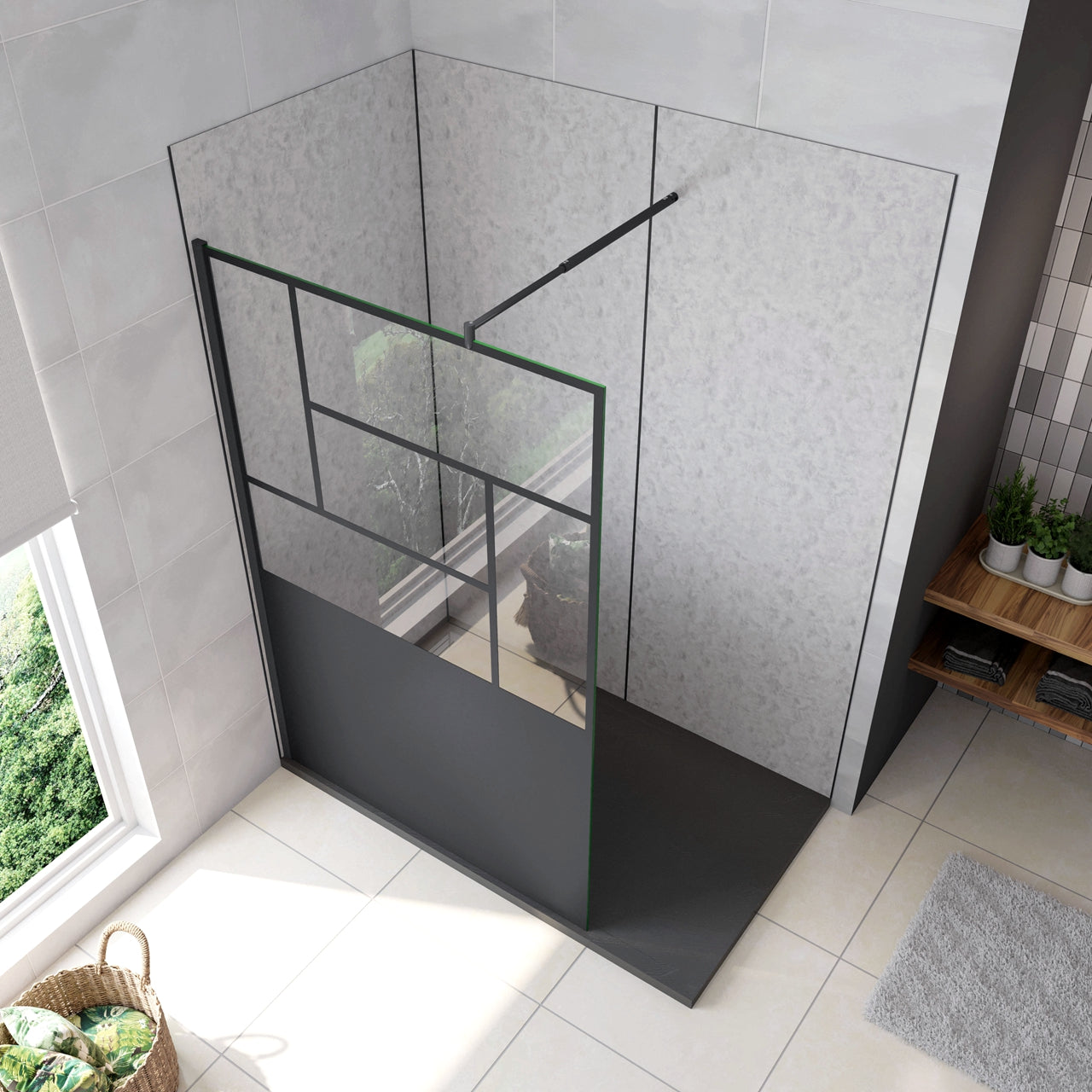 Doccia Walk In Parete Fissa Vetro Temperato 8 mm Anticalcare 120x200cm Semitrasparente Riquadri Nero Serigrafato Barra Stabilizzatrice da 70-120 cm