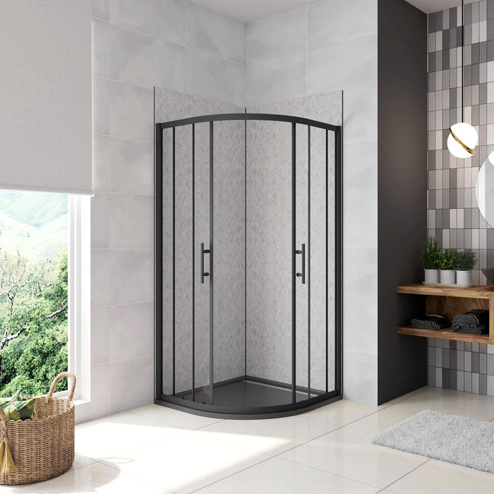 90x90x185 cm Box Doccia Semicircolare Ante Scorrevoli Vetro Temperato 5mm Trasparente Profilo Nero Opaco Piatto Doccia incluso