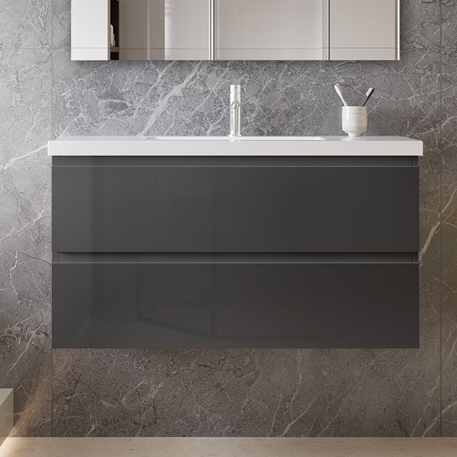 Mobile bagno sospeso con lavabo da incasso 99 cm,bianco,2 cassetti