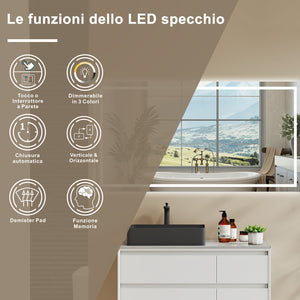 AICA Specchio Da Bagno Rettangolare Da 150x80cm con LED, Antiappannamento, 3 Temperature Colore