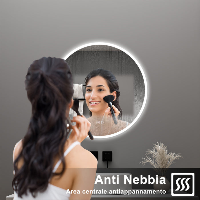 AICA Specchio da bagno 60 x 60 cm, 3 colori, antiappannamento, dimmerabile, interruttore touch, Funzione Memoria