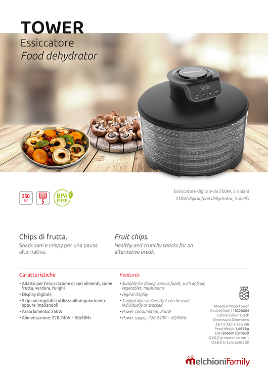 Essiccatore Alimentare Professionale Digitale Melchioni Family Tower 5 Ripiani