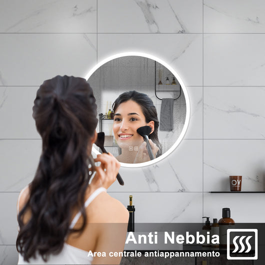 AICA Specchio da bagno 70 x 70 cm, blue tooth, 3 colori, antiappannamento, dimmerabile, interruttore touch, Funzione Memoria