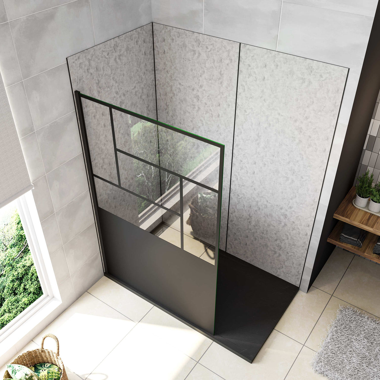 Doccia Walk In Parete Fissa Vetro Temperato 8 mm Anticalcare 100x200cm Semitrasparente Riquadri Nero Serigrafato