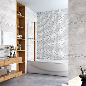 120x140 cm Parete Doccia Per Vasca Girevole 240° Vetro Temperato 6 mm Trasparente Inclusi Due Ripiani Maniglia Portasciugamani Telaio Cromo Lucido