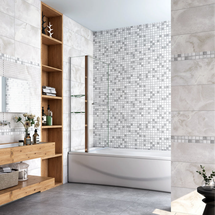 120x140 cm Parete Doccia Per Vasca Girevole 240° Vetro Temperato 6 mm Trasparente Inclusi Due Ripiani Maniglia Portasciugamani Telaio Cromo Lucido