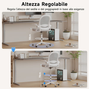 Sedia ufficio altezza alta - Mesh Drafting Chair - Altezza e Poggiapiedi Regolabili - braccioli regolabili - Capacità di Carico 120 kg - Grigio