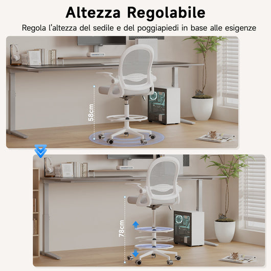 Sedia ufficio altezza alta - Mesh Drafting Chair - Altezza e Poggiapiedi Regolabili - braccioli regolabili - Capacità di Carico 120 kg - Grigio
