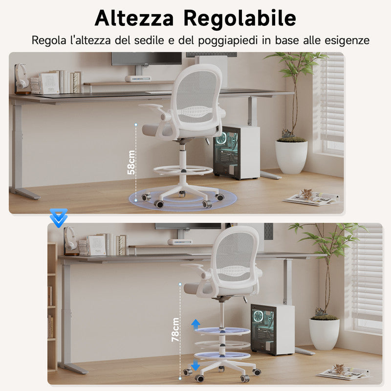 Sedia ufficio altezza alta - Mesh Drafting Chair - Altezza e Poggiapiedi Regolabili - braccioli regolabili - Capacità di Carico 120 kg - Grigio