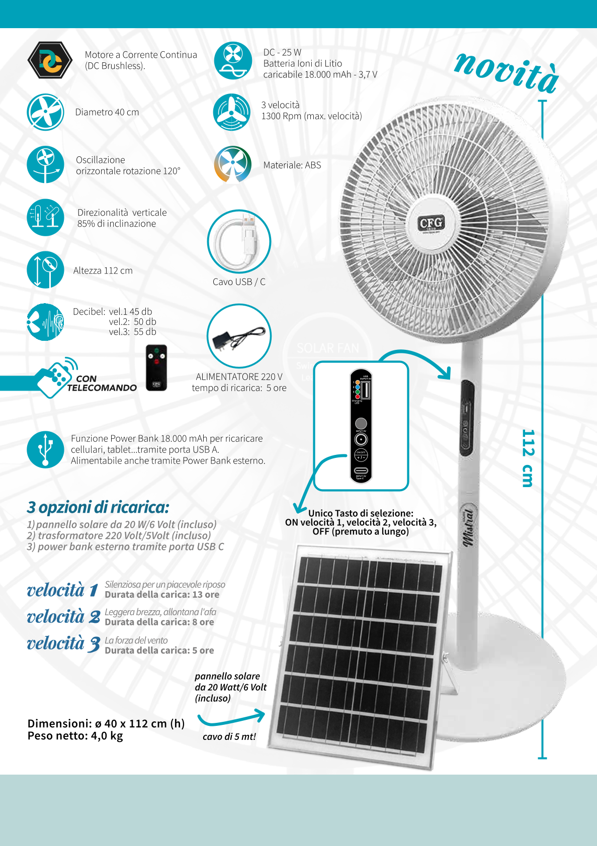 CFG Ventilatore a piantana EV121 mistral solare DC e Pannello Solare 3 velocità oscillazione inclinazione silensioso con telecomando batteria ioni di litio 18Ah USB C