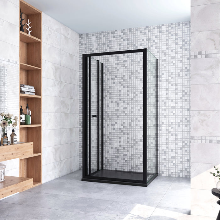 185cm Box Doccia a Tre Lati Porta a Soffietto 76cm con Doppia Parete Fissa 70x70cm in Vetro Temperato Trasparente 5 mm Profilo Nero Opaco