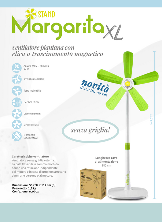 Ventilatore da scrivania CFG Margherita Stand XL EV115 con 5 Pale Morbide e supporto regolabile per ufficio, camera da letto, soggiorno (Bianco/Verde)