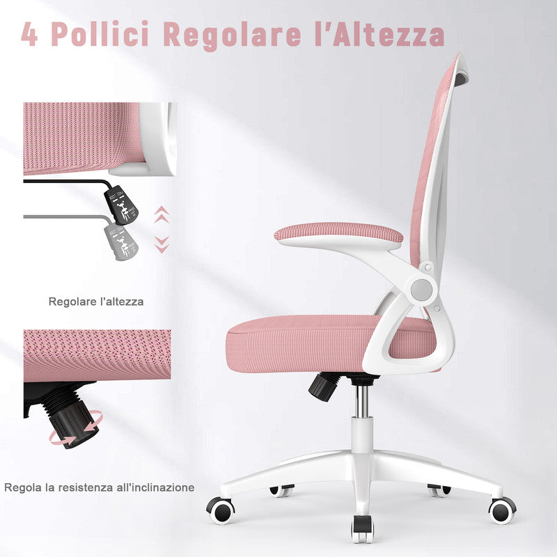 Sedia Ufficio Bracciolo Regolabile - RATTANTREE - con Supporto Lombare, Schienale Reclinabile 105°, Rosa