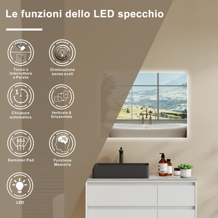 AICA SPECCHIO DA BAGNO CON LED, 80x60cm, Disappannamento, Funzione Memoria, Infinitamente Dimmerabile