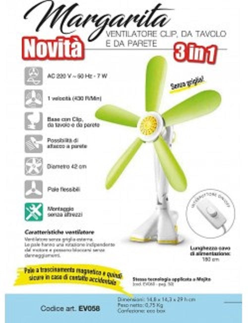 CFG Ventilatore Da Tavolo Parete Con Clip Ev058 Margherita Pale Flessibili 3in1