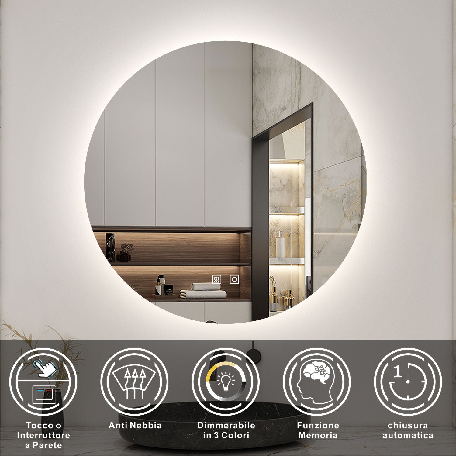 Aica Specchio da bagno a LED+Diametro 100cm+3 Temperature di Colore+Disappannamento+Retroilluminato