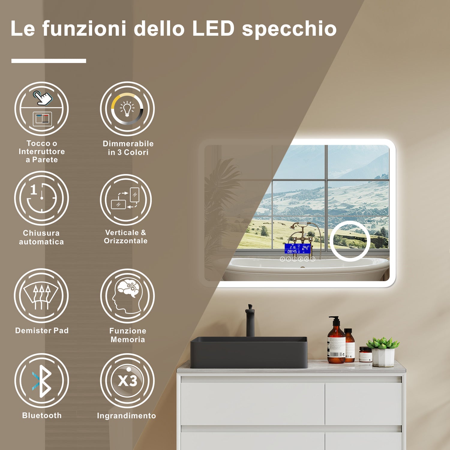 Aica Specchio da bagno bluetooth 80x60cm con antiappannamento + dimmerabile + 3 colori + ingrandimento 3X