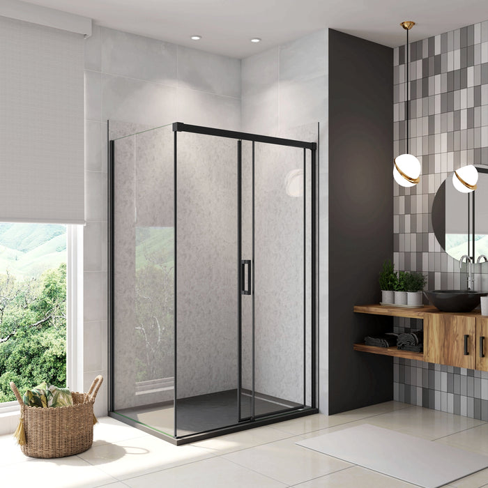 195 cm Box Doccia Angolare 120X70 cm Porta Scorrevole con Parete Fissa Vetro 8 mm Temperato Anticalcare Trasparente Profilo Nero Opaco Softclose