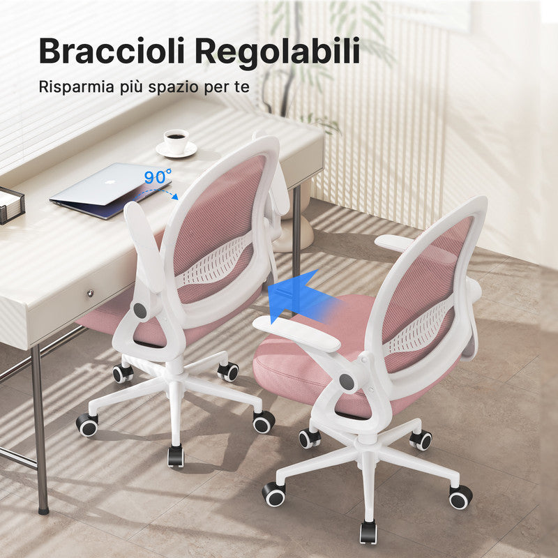 Sedia Ufficio con Supporto Lombare - RATTANTREE - Sedia Ufficio da Scrivania ergonomica Braccioli 90° Regolabile - Rosa