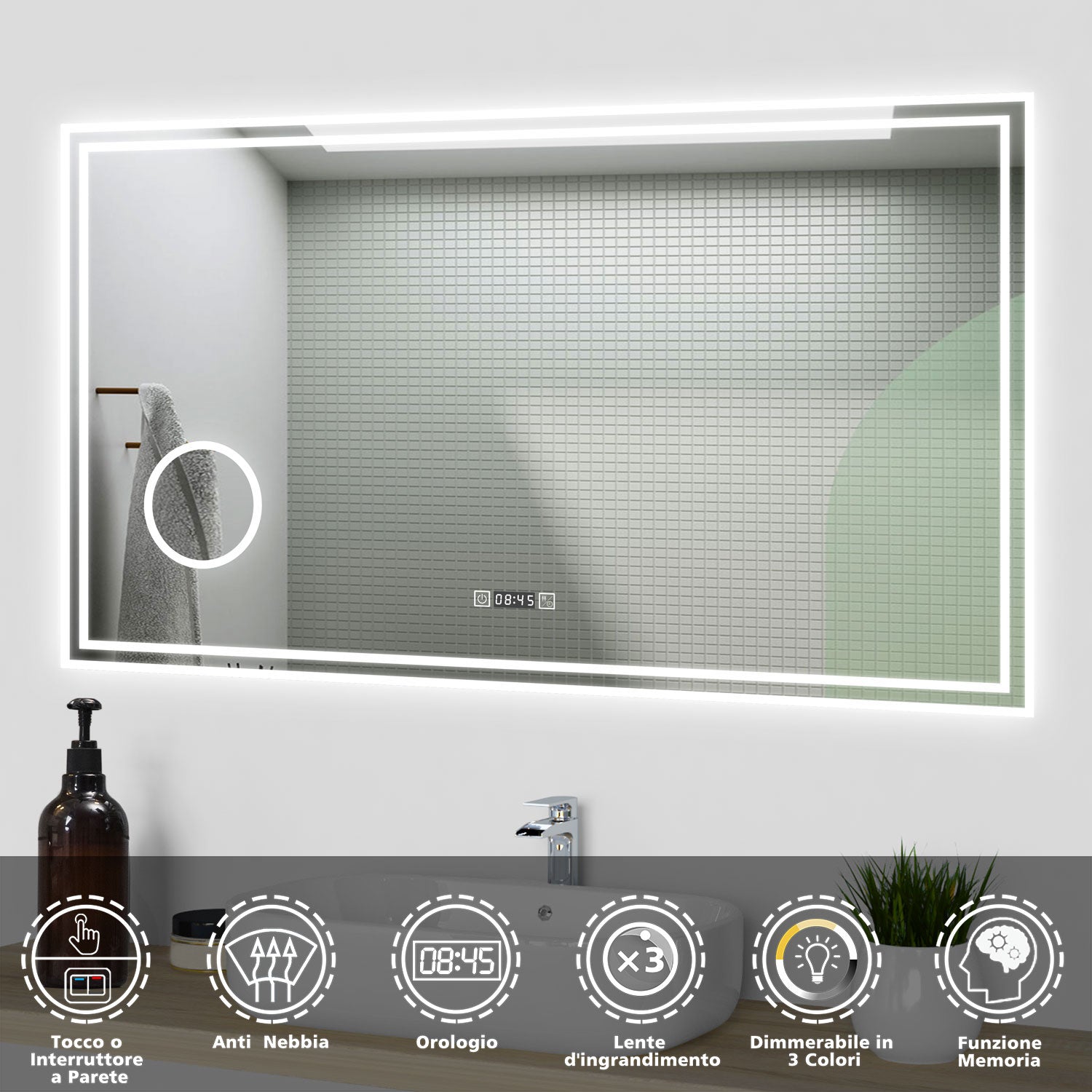 Aica Specchio da bagno a LED+120x70cm+orologio+Lente d'ingrandimento