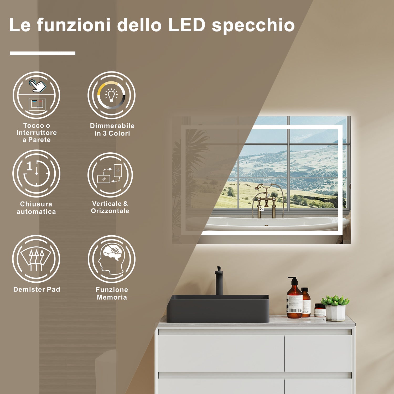 AICA Specchio Da Bagno Rettangolare Da 70x50cm con LED, Antiappannamento, 3 Temperature Colore